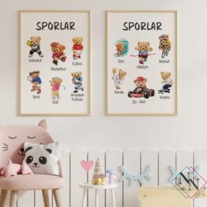 Sporlar Eğitici 2'li Set - Doğal Ahşap Çerçeveli, Bebek Ve Çocuk Odası Tablo Seti