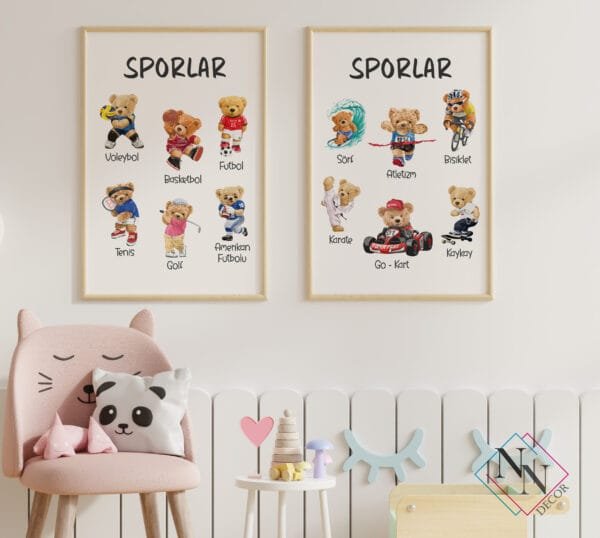 sporlar-ahşap Sporlar Eğitici 2'li Set - Doğal Ahşap Çerçeveli, Bebek Ve Çocuk Odası Tablo Seti
