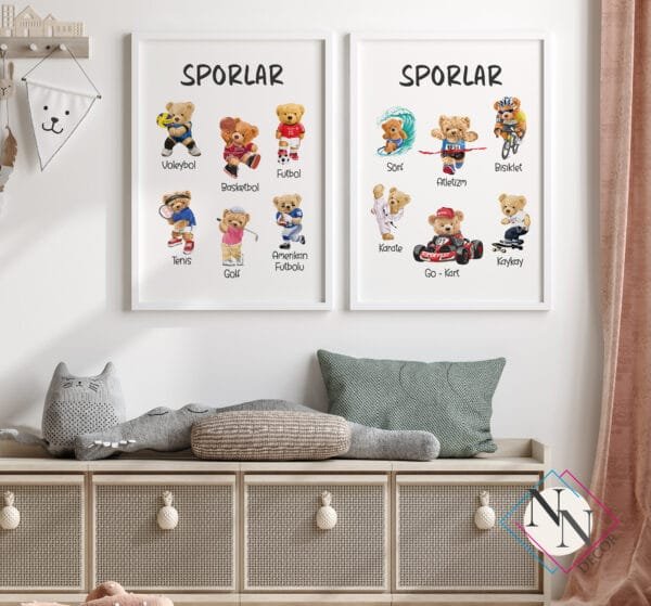 sporlar-beyaz Sporlar Eğitici 2'li Set - Doğal Ahşap Çerçeveli, Bebek Ve Çocuk Odası Tablo Seti