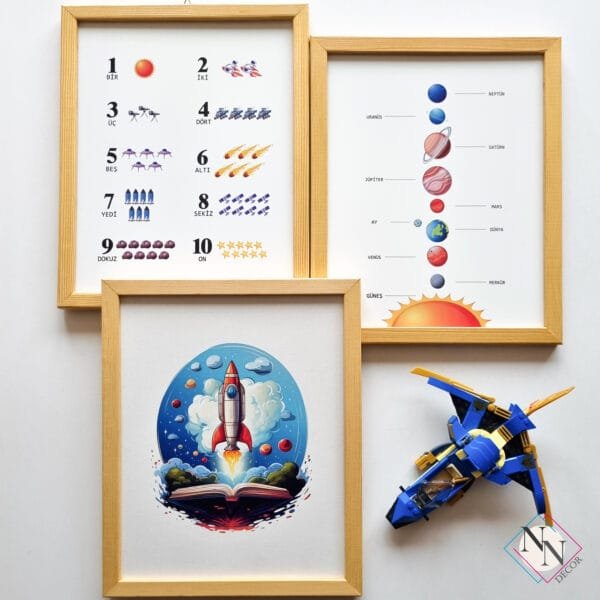 Uzay Konseptli Eğitici 3'lü Set - Doğal Ahşap Çerçeveli, Bebek ve Çocuk Odası Tablo Seti